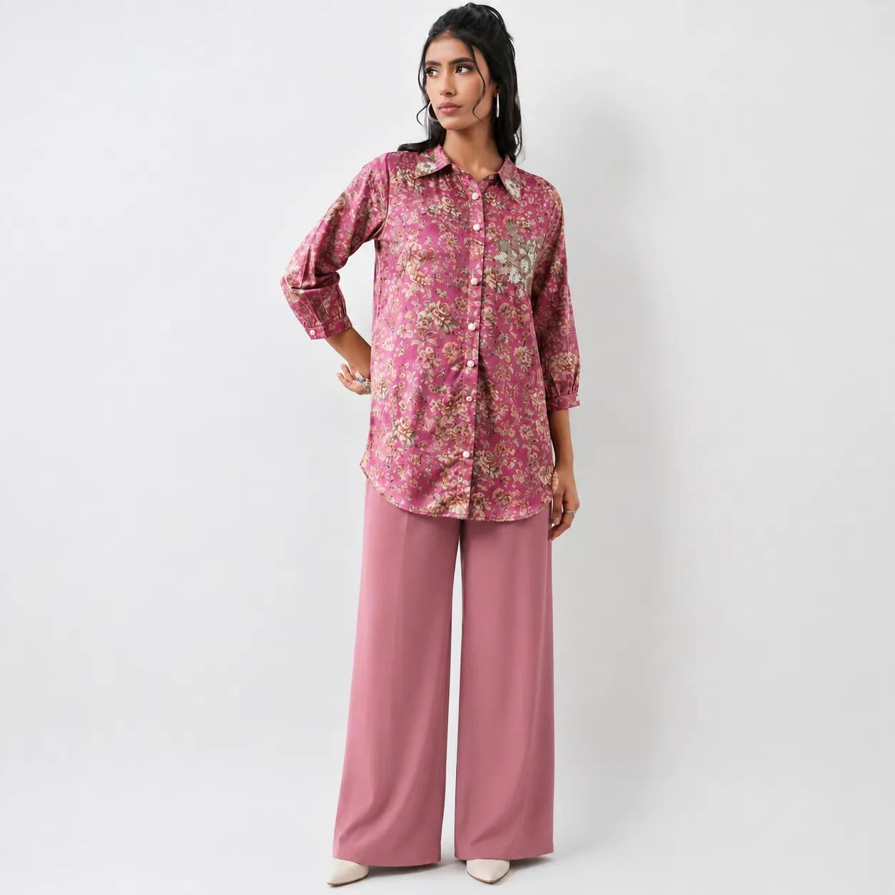 Pink Floral Satin Shirt